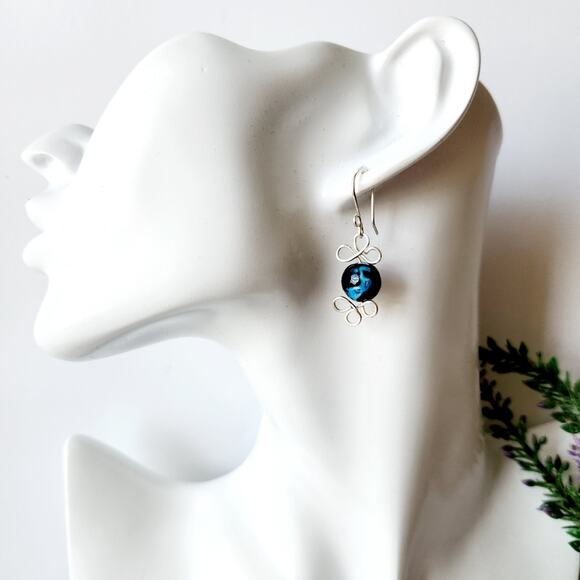 Agate Stone Beads Silver Wire Wrapped Dangle Earrings - Picture 2 of 9